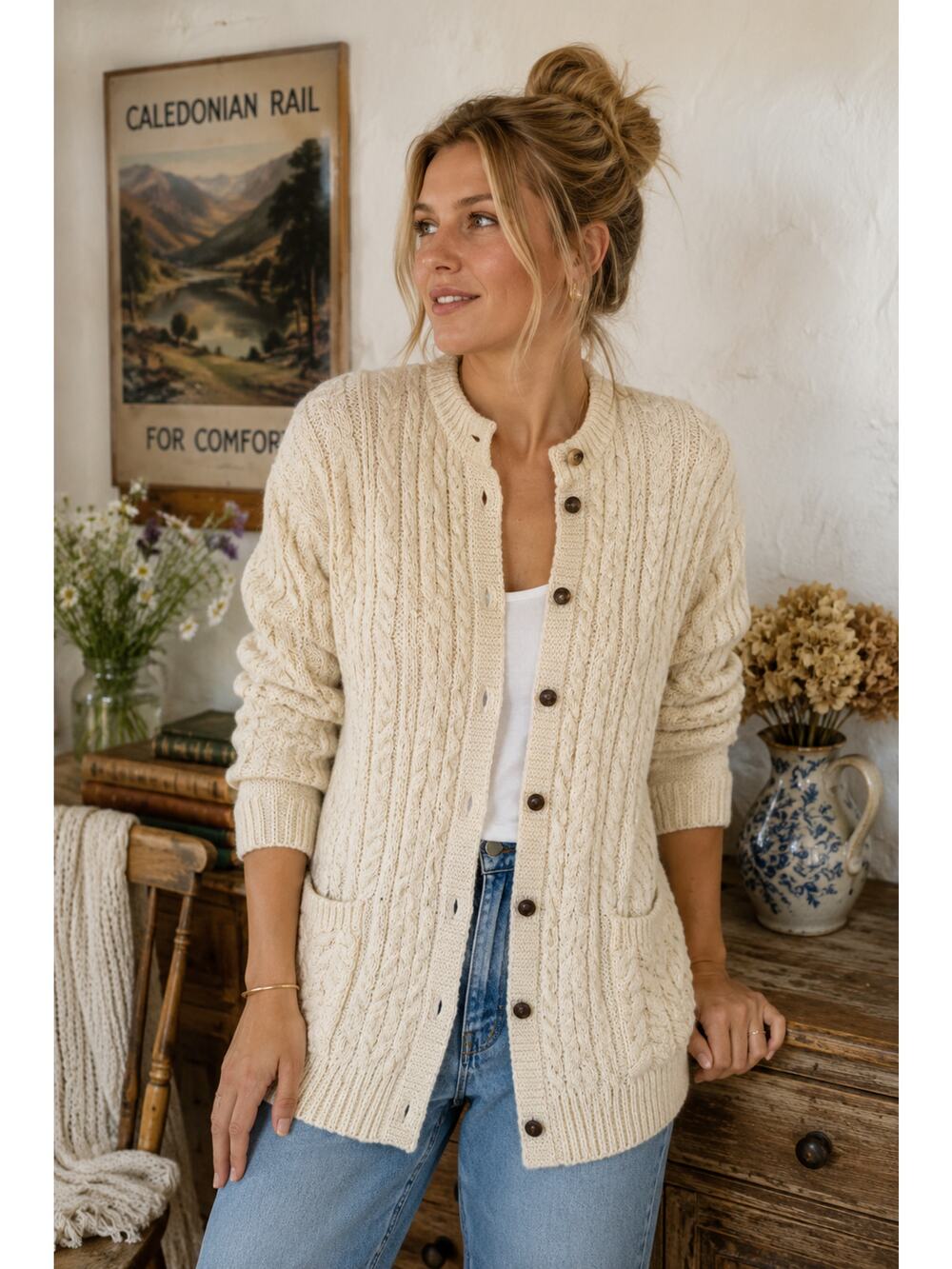 Vintage Cladyknit Irish Wool Fisherman Cardigan Sweater Medium